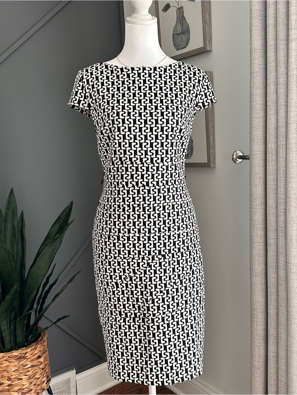 Alyx Black and White Geometric Midi Sheath Dress